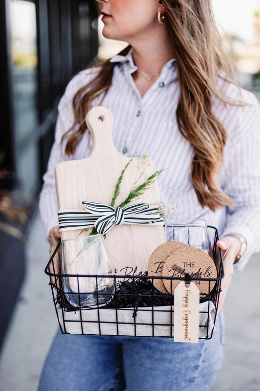 Last Name Serving Board + Mr. & Mrs. Wine Glasses + Coasters Gift Basket