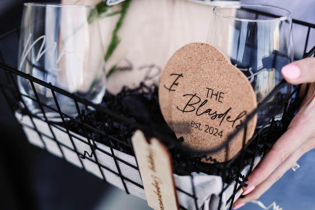 Last Name Serving Board + Mr. & Mrs. Wine Glasses + Coasters Gift Basket