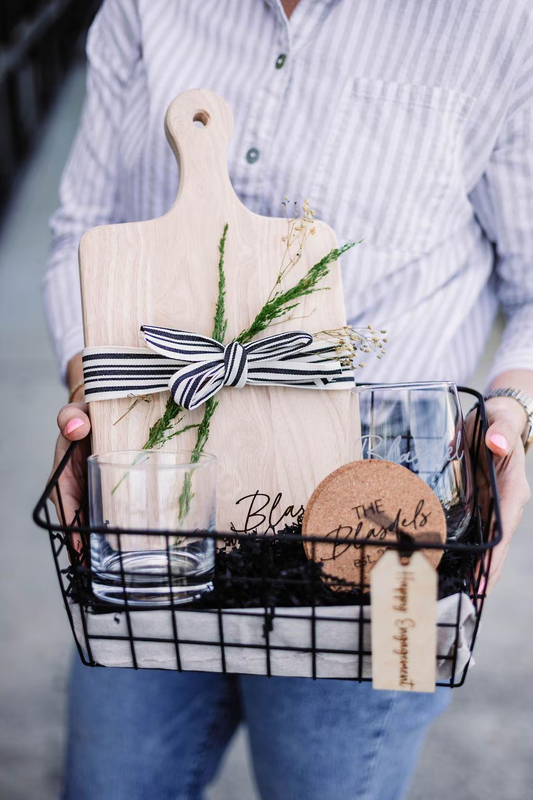 Last Name Serving Board & Wine & Rocks Glass + Coasters Gift Basket