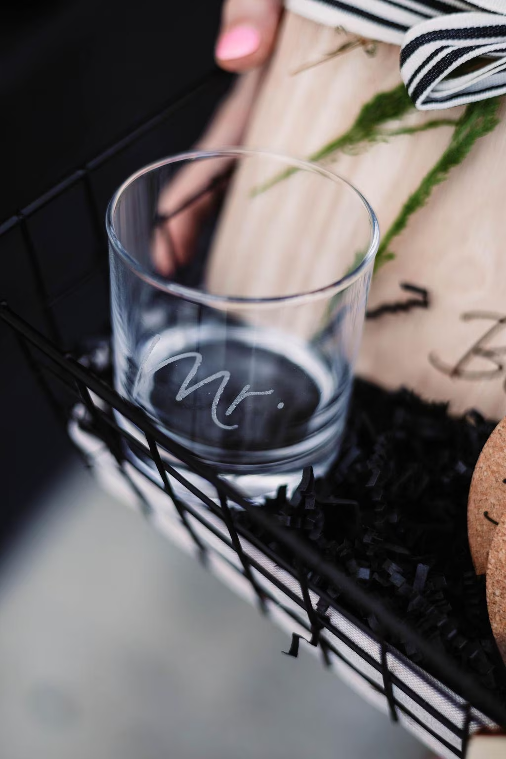 Last Name Serving Board + Mrs. Wine Glass & Mr. Rocks Glass + Coasters Gift Basket