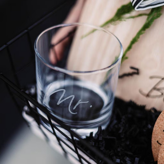 Last Name Serving Board + Mrs. Wine Glass & Mr. Rocks Glass + Coasters Gift Basket