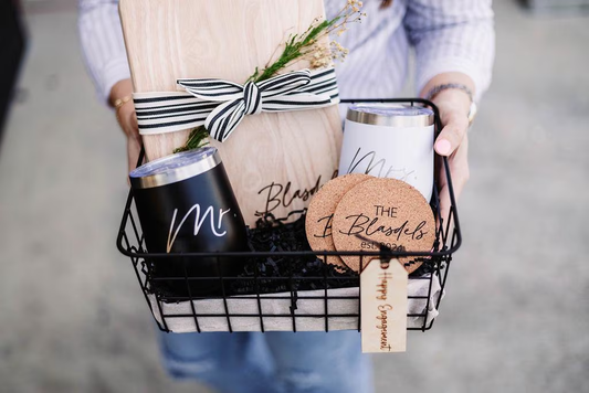 Last Name Serving Board + Mr. & Mrs. Wine Tumblers + Coasters Gift Basket