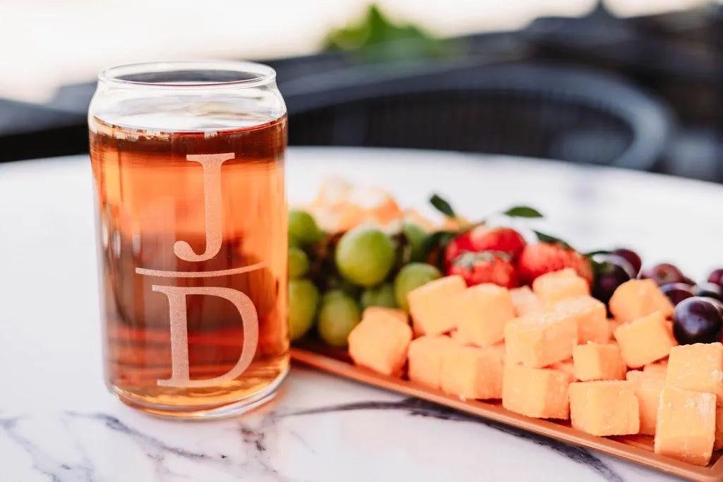 Initials Serving Board & Initial Can Glass + Coasters Gift Basket
