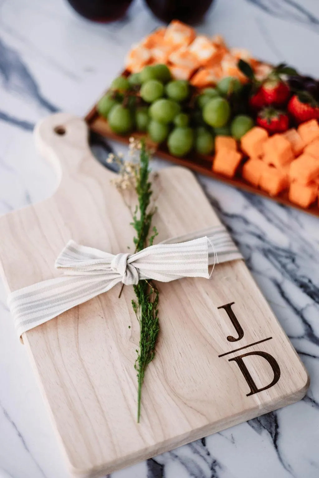 Initials Serving Board & Rocks Glass + Coasters Gift Basket