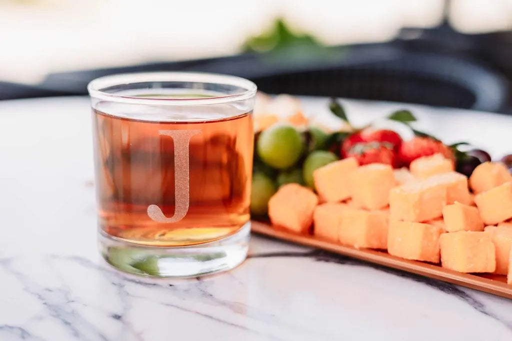 Initials Serving Board & Rocks Glass + Coasters Gift Basket