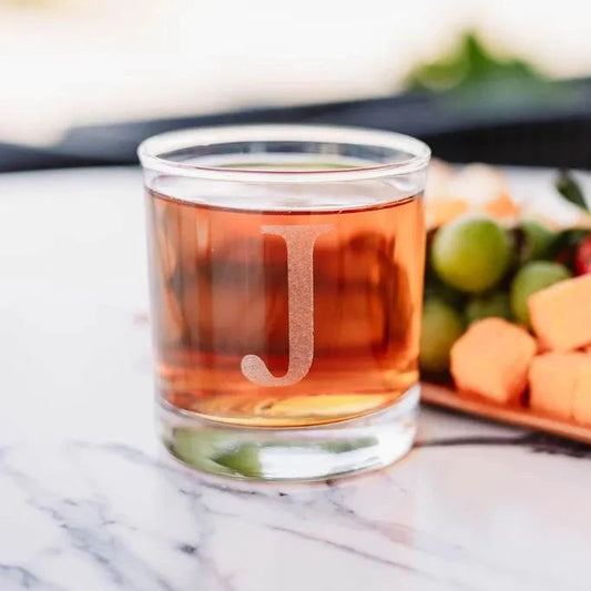 Initials Serving Board & Rocks Glass + Coasters Gift Basket