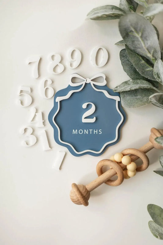 Interchangeable Acrylic Bow Monthly Milestone Markers + Matching Birth Announcement Sign