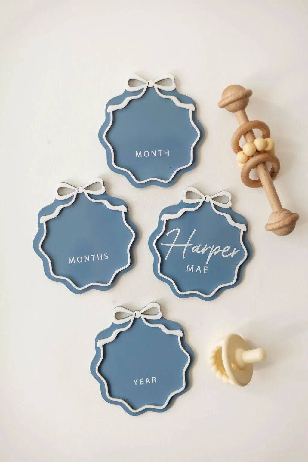 Interchangeable Acrylic Bow Monthly Milestone Markers + Matching Birth Announcement Sign