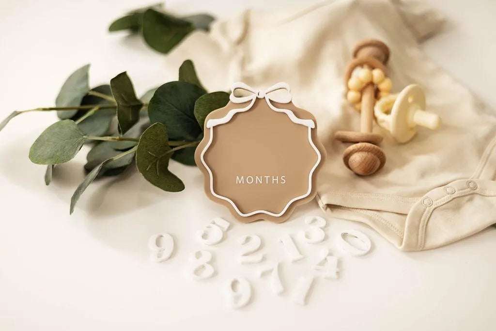 Interchangeable Acrylic Bow Monthly Milestone Markers + Matching Birth Announcement Sign