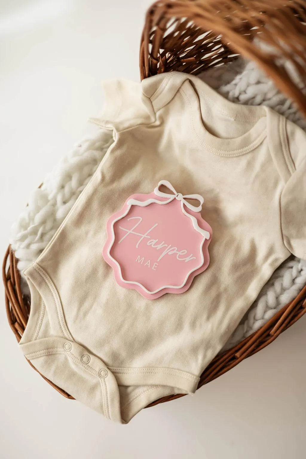 Interchangeable Acrylic Bow Monthly Milestone Markers + Matching Birth Announcement Sign