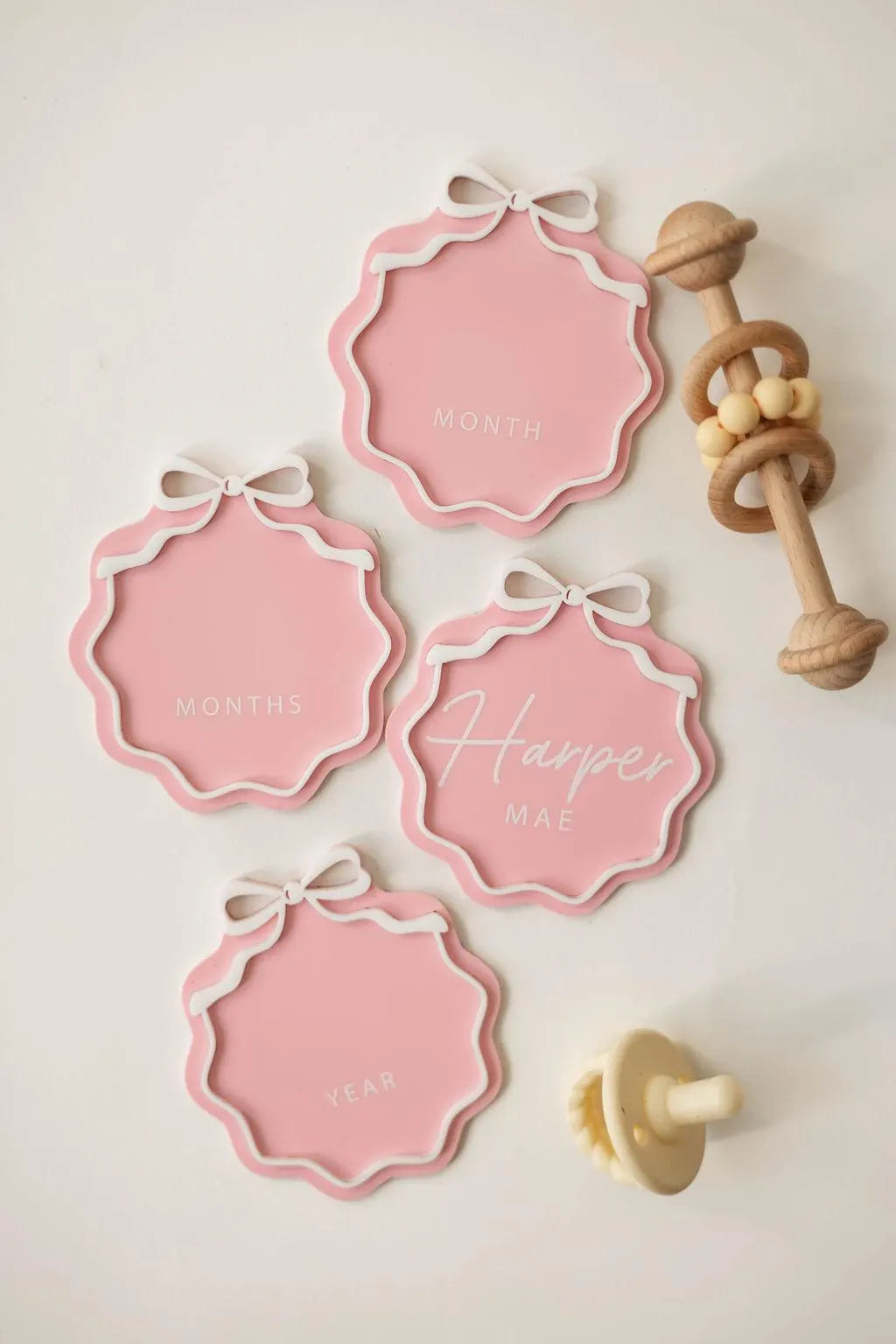 Interchangeable Acrylic Bow Monthly Milestone Markers + Matching Birth Announcement Sign