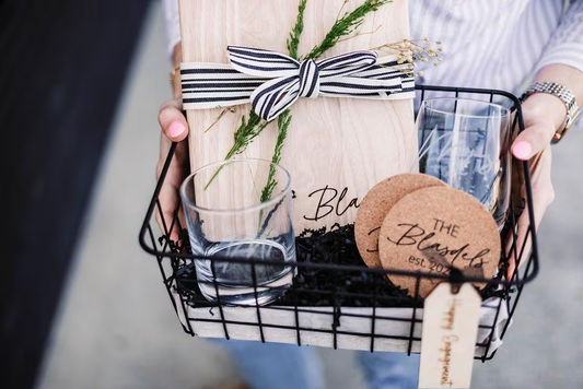 Last Name Serving Board + Mrs. Wine Glass & Mr. Rocks Glass + Coasters Gift Basket