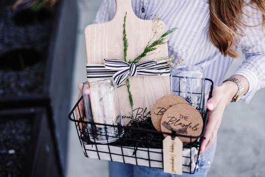 Last Name Serving Board & Can Glasses + Coasters Gift Basket