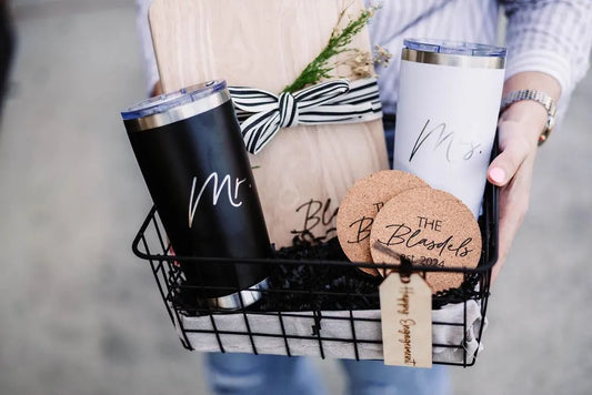 Last Name Serving Board + Mr. & Mrs. Tumblers + Coasters Gift Basket