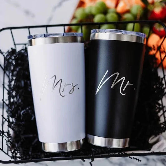 Last Name Serving Board + Mr. & Mrs. Tumblers + Coasters Gift Basket