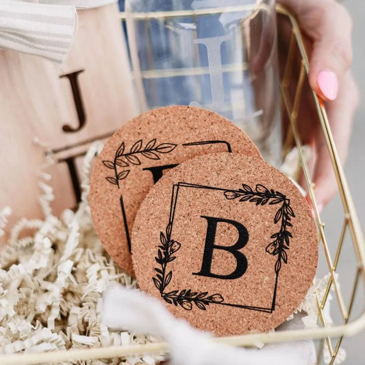 Initials Serving Board & Initial Can Glass + Coasters Gift Basket