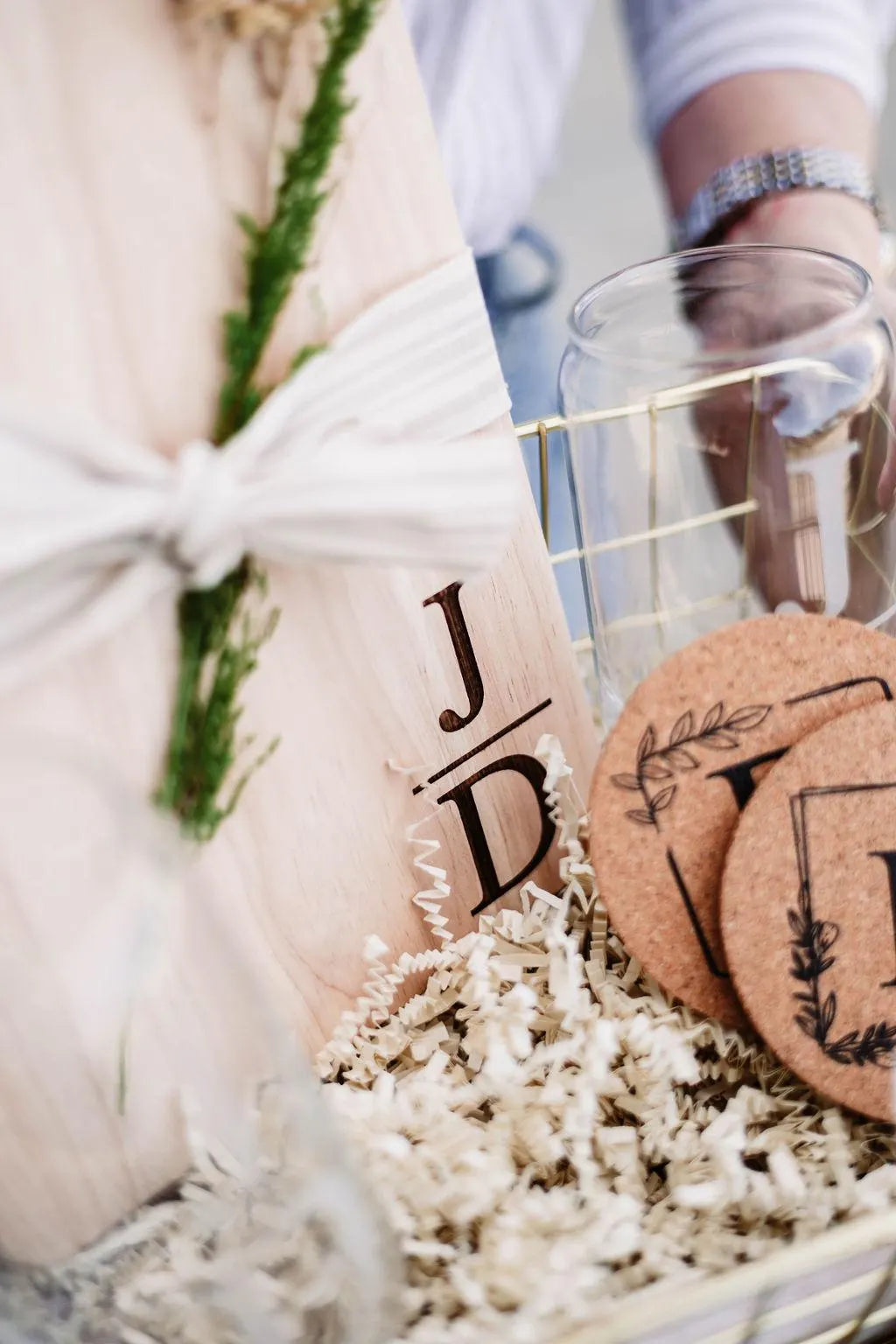 Initials Serving Board & Initial Can Glass + Coasters Gift Basket