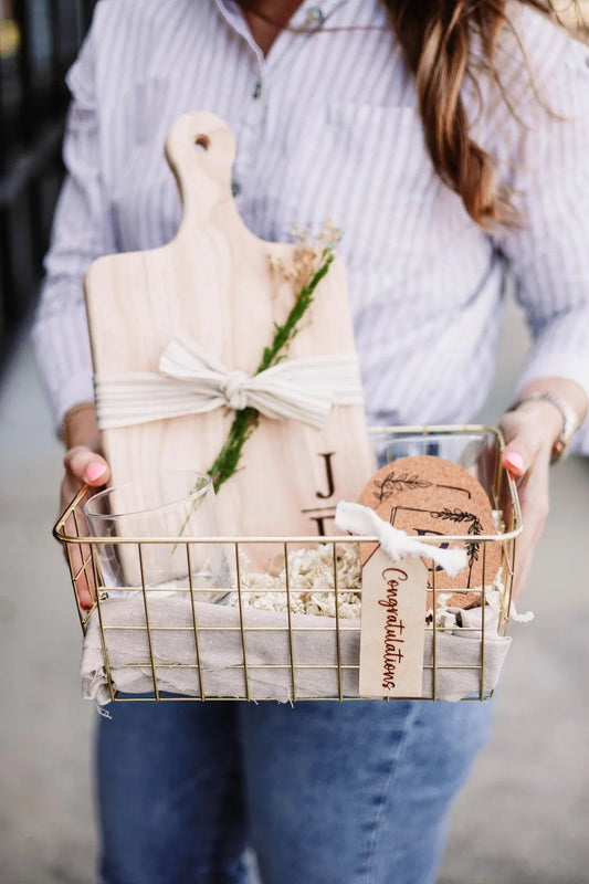 Initials Serving Board & Rocks Glass + Coasters Gift Basket