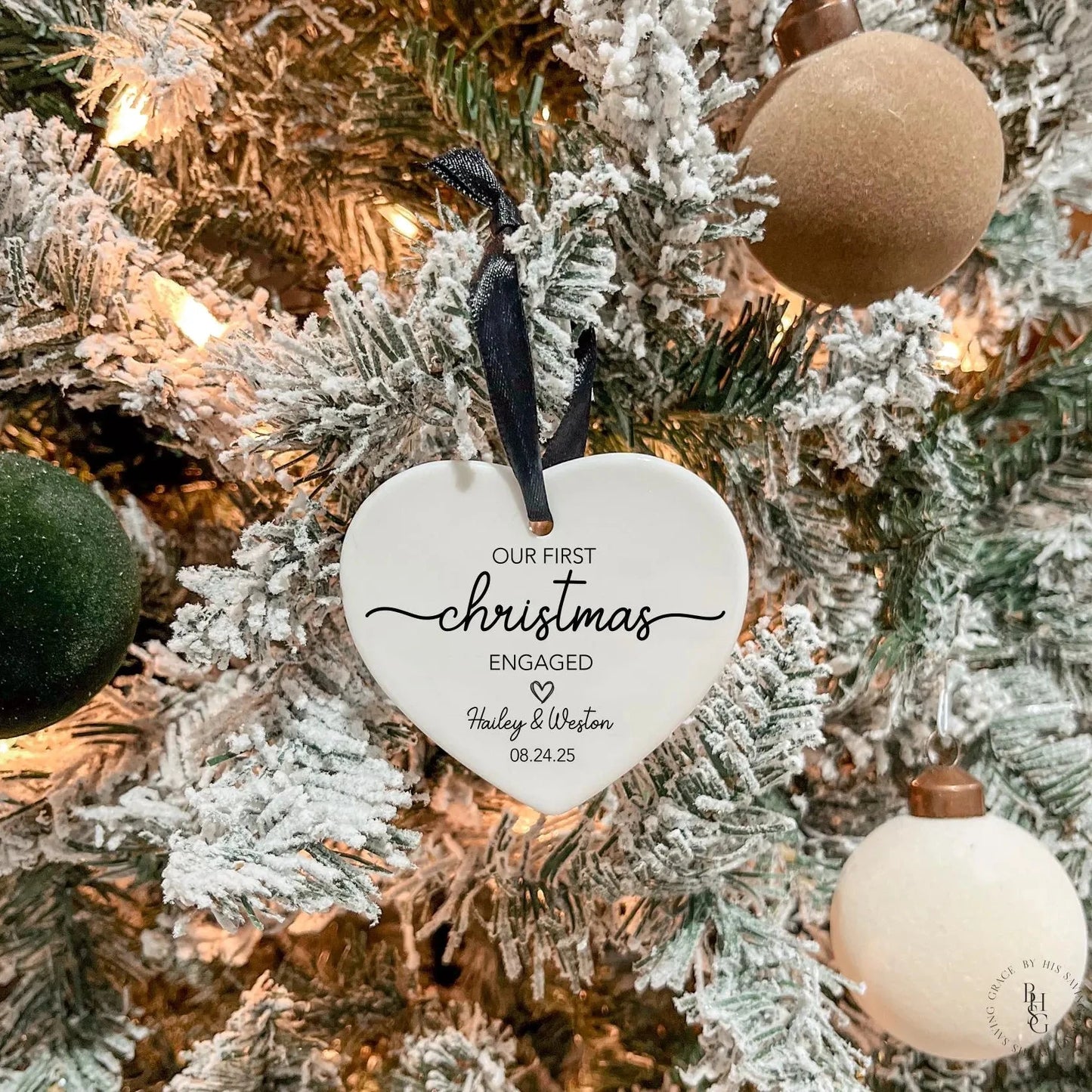 First Christmas Engaged Ceramic Heart Ornament