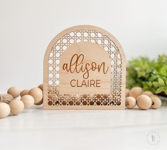 Wooden Boho Rattan Arch Baby Name Announcement Sign