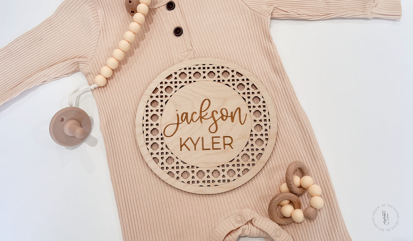 Wooden Boho Rattan Baby Name Announcement Sign