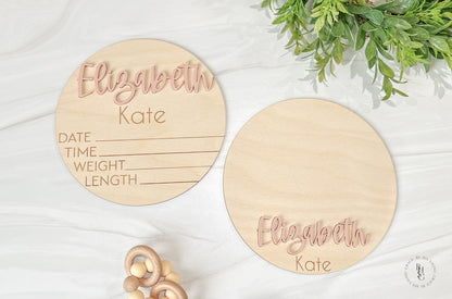 Wooden Baby Announcement Sign With Birth Stats + Footprint Sign with an Acrylic Name