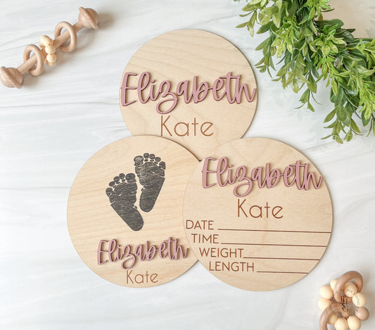 Wooden Baby Announcement Sign With Birth Stat, Footprint & Nameplate Signs