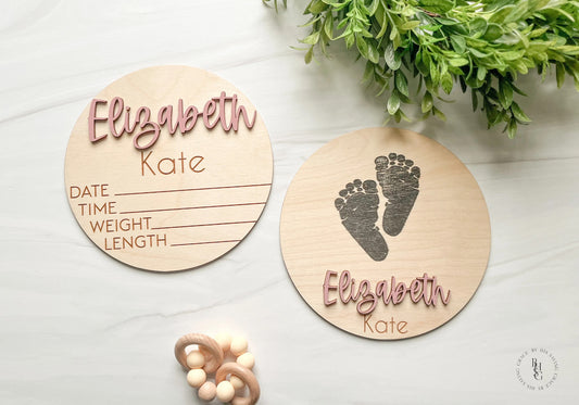 Wooden Baby Announcement Sign With Birth Stats + Footprint Sign