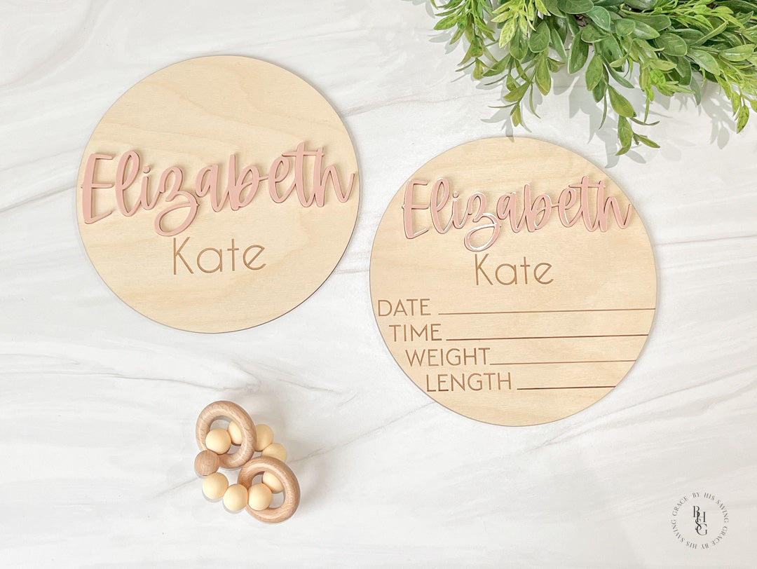 Wooden Baby Announcement Sign With Birth Stats + Nameplate Sign with an Acrylic Name