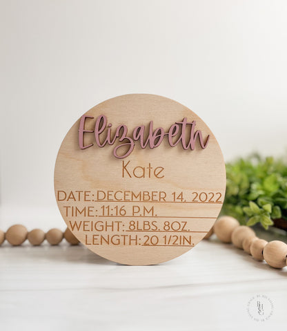 Wooden Baby Announcement Sign With Engraved Birth Stats