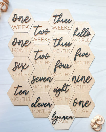 3D Hexagon Wooden Monthly Milestone Discs For Baby Photos + Matching Nameplate