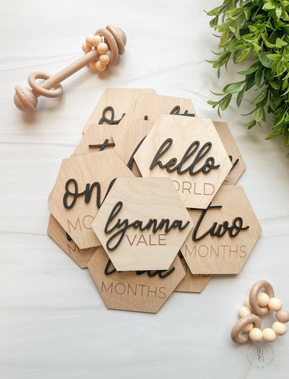 3D Hexagon Wooden Monthly Milestone Discs For Baby Photos + Matching Nameplate