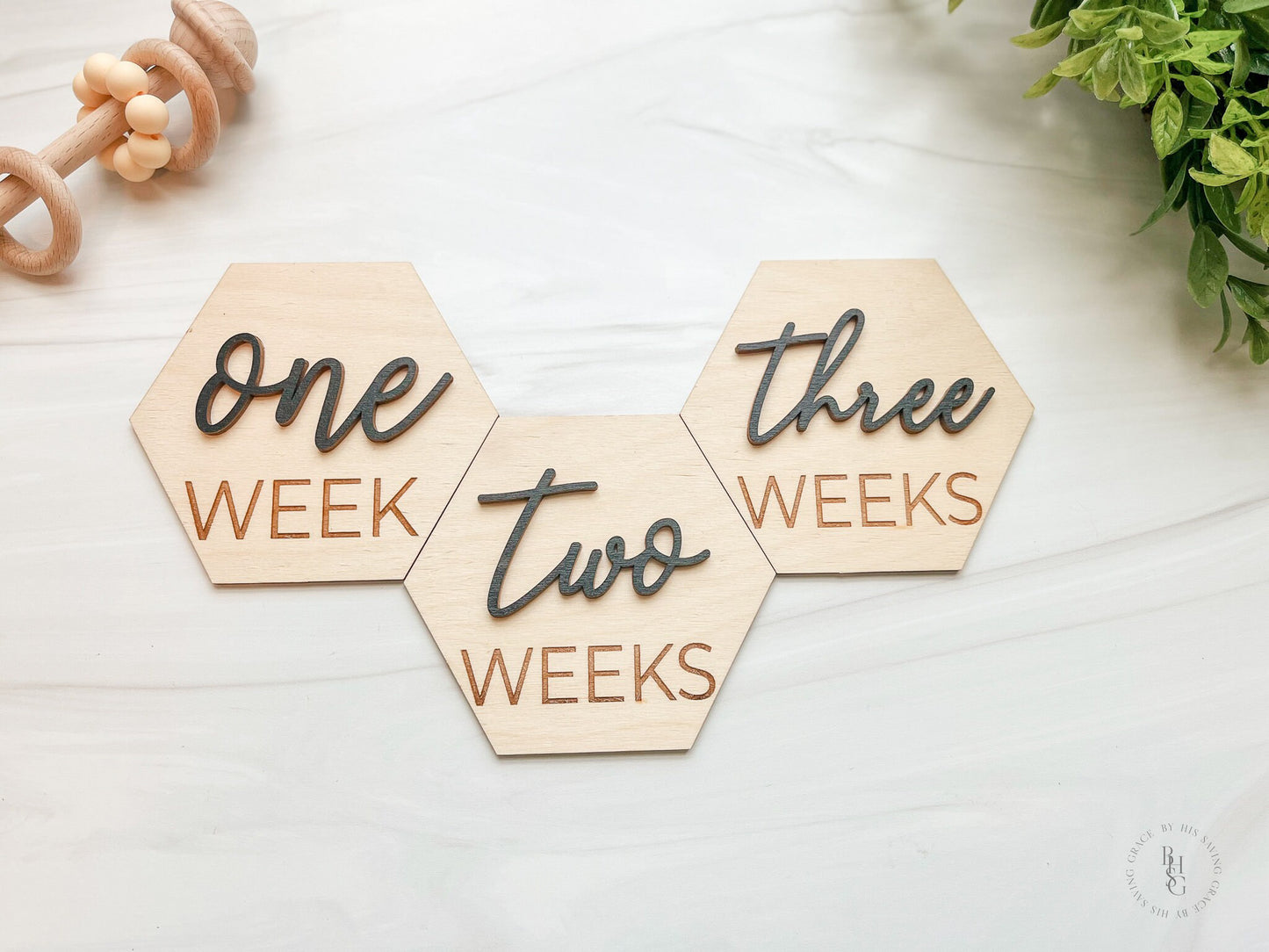 3D Hexagon Wooden Monthly Milestone Discs For Baby Photos + Matching Nameplate