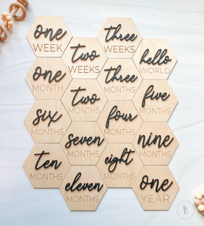 3D Hexagon Wooden Monthly Milestone Discs For Baby Photos + Matching Nameplate