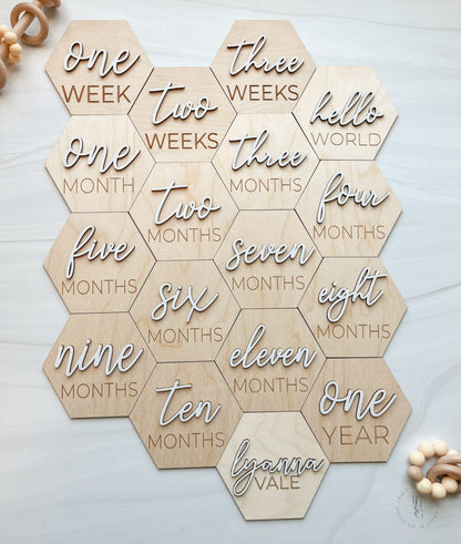 3D Hexagon Wooden Monthly Milestone Discs For Baby Photos + Matching Nameplate