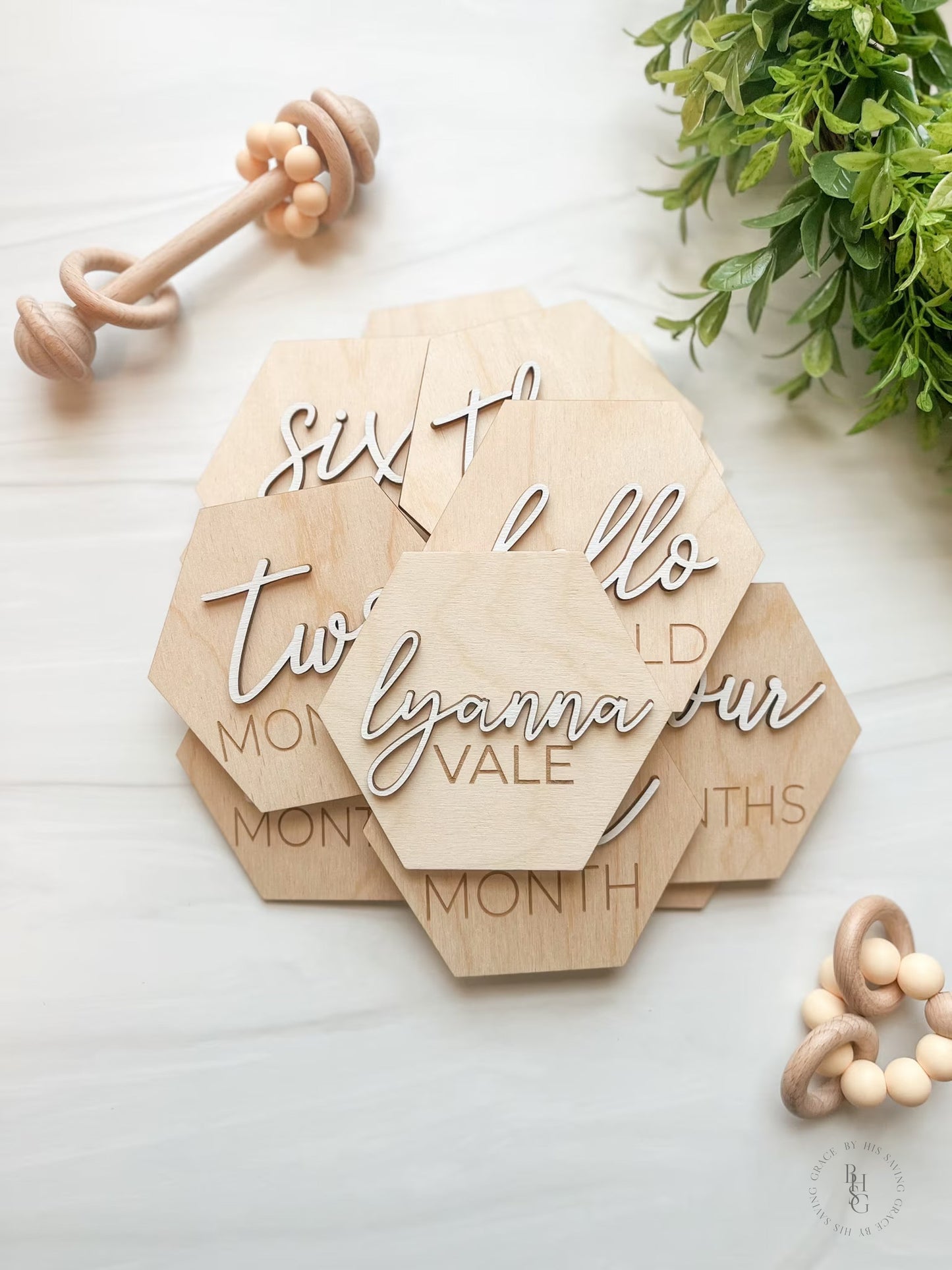 3D Hexagon Wooden Monthly Milestone Discs For Baby Photos + Matching Nameplate