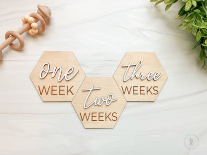 3D Hexagon Wooden Monthly Milestone Discs For Baby Photos + Matching Nameplate