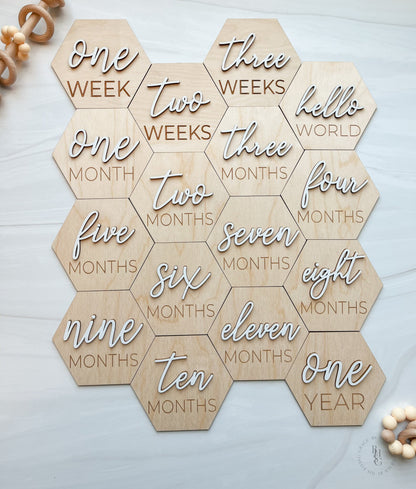 3D Hexagon Wooden Monthly Milestone Discs For Baby Photos + Matching Nameplate