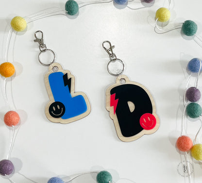 Retro Letter Keychain With Smiley Face & Lightening Bolt