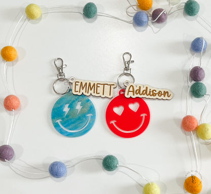 Smiley Face Acrylic Keychain With Wooden Name