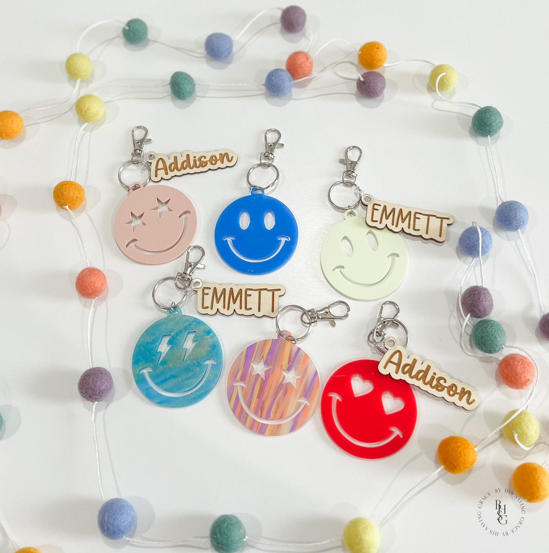 Smiley Face Acrylic Keychain With Wooden Name