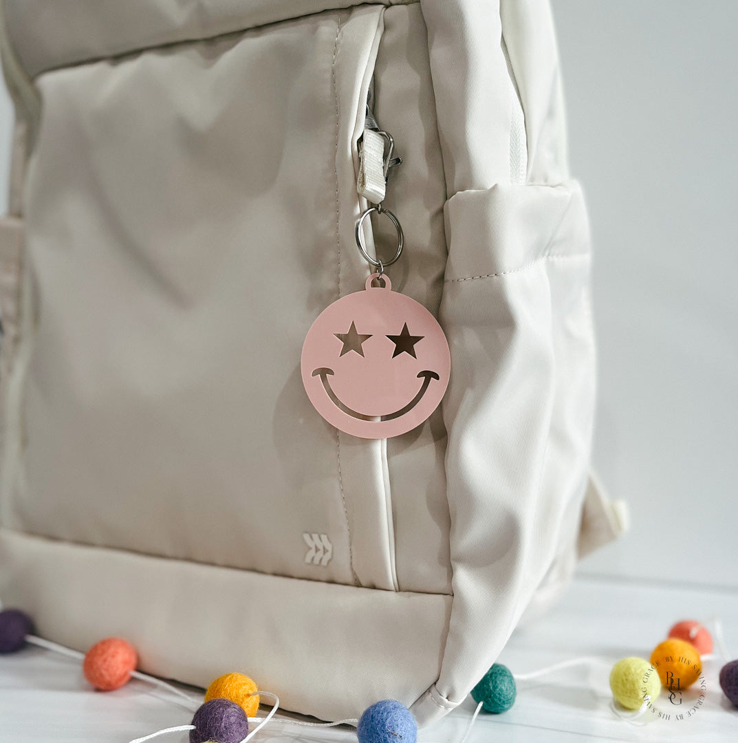 Smiley Face Acrylic Keychain With Wooden Name