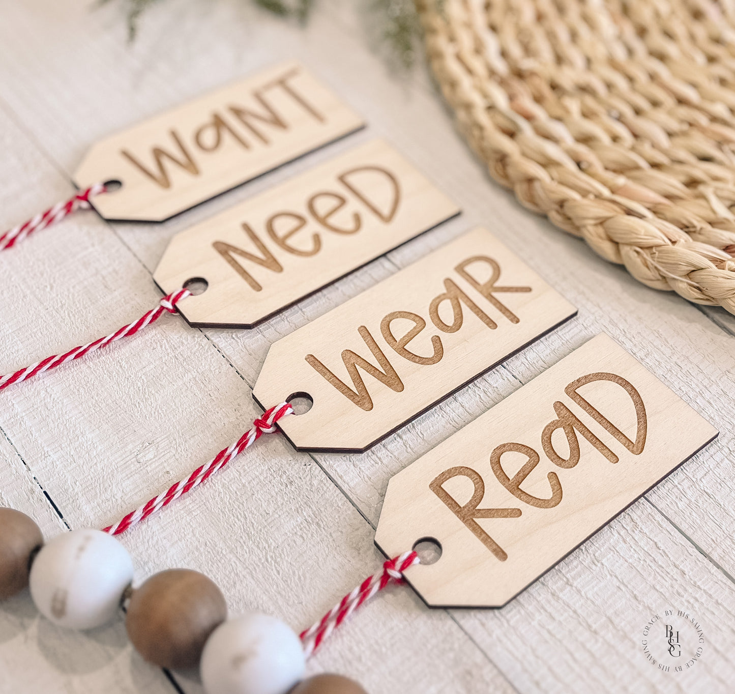 Set of Four Want, Need, Wear, and Read Christmas Gift Tags