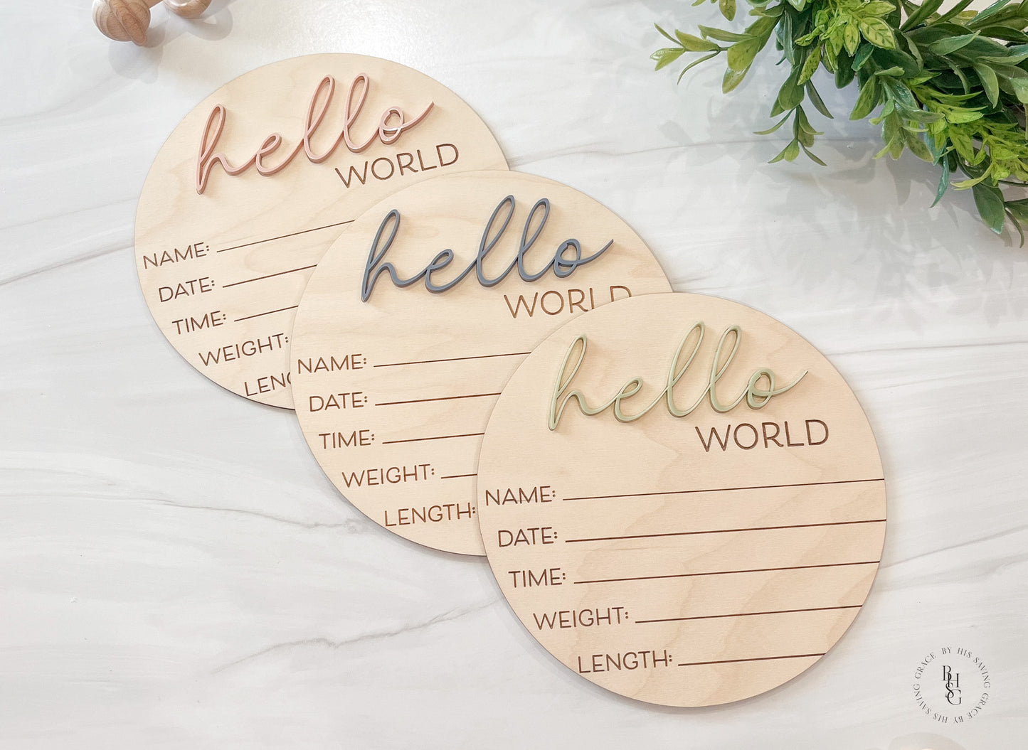 Wooden Hello World Baby Announcement Sign With Birth Stats