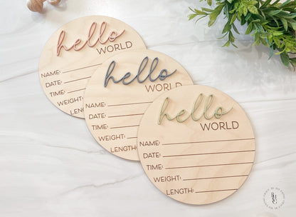 Wooden Hello World Baby Announcement Sign With Birth Stats