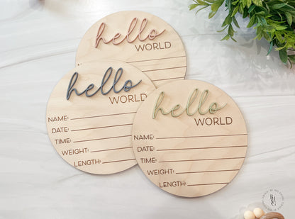 Wooden Hello World Baby Announcement Sign With Birth Stats