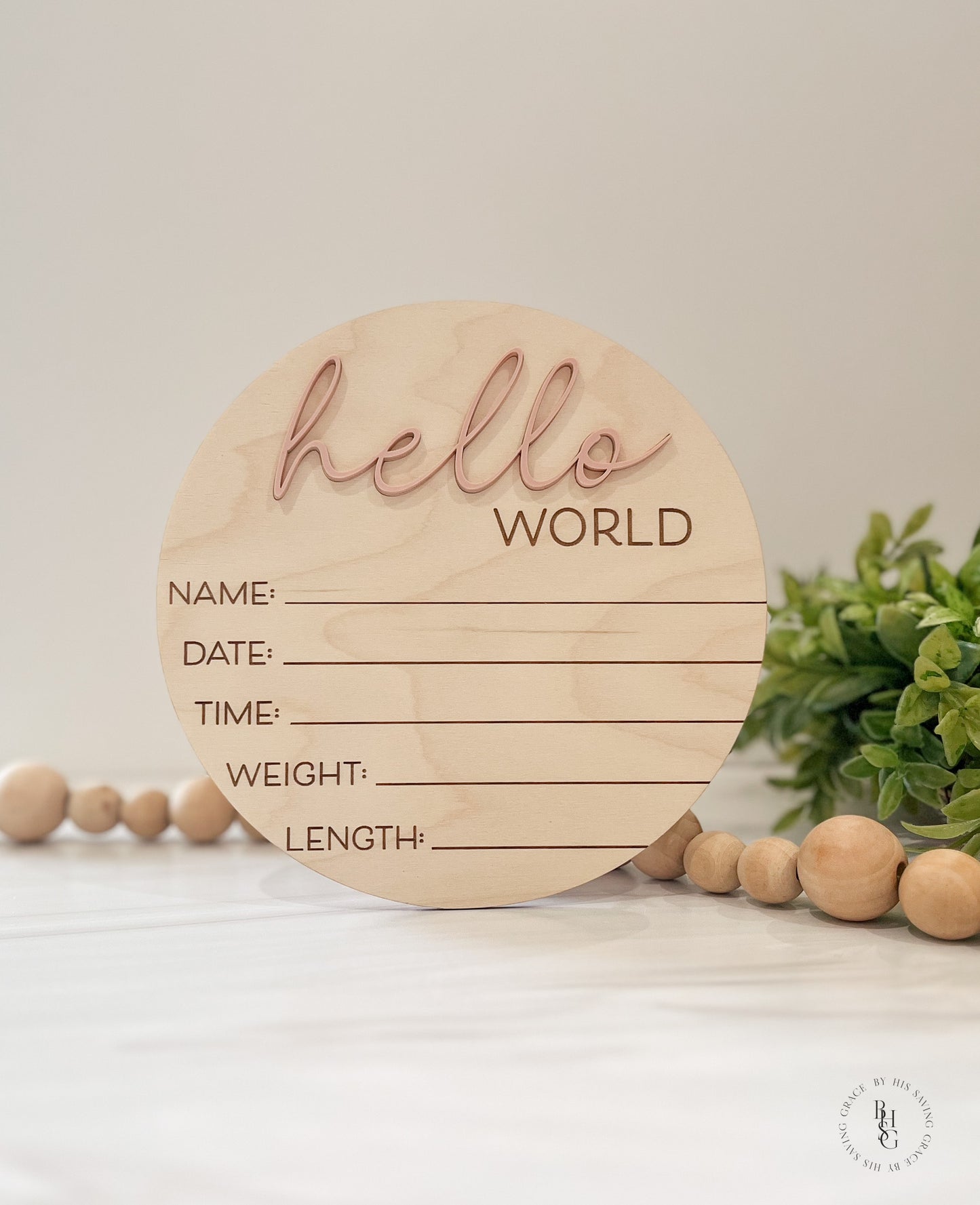 Wooden Hello World Baby Announcement Sign With Birth Stats