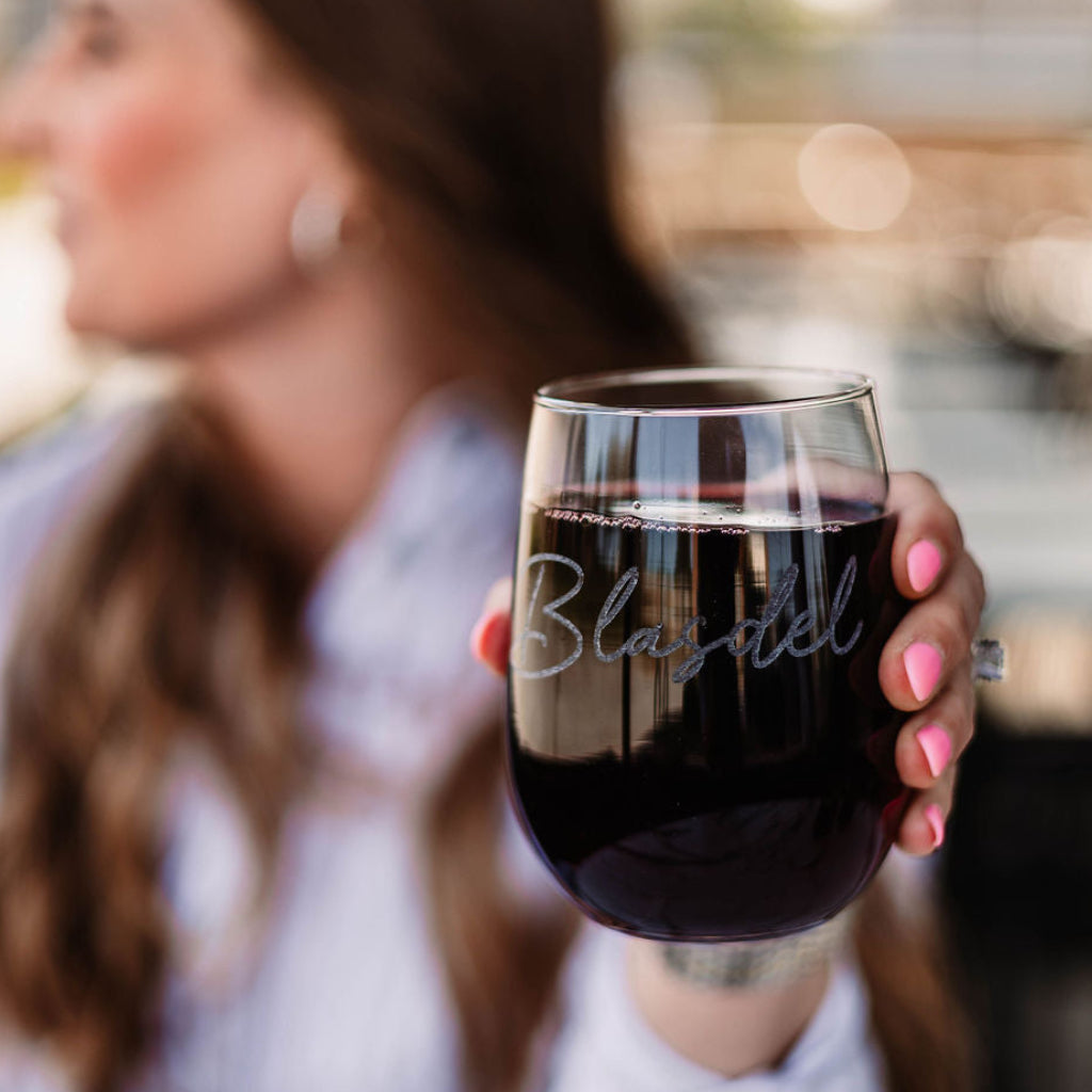 Last Name Serving Board & Wine Glasses + Coasters Gift Basket