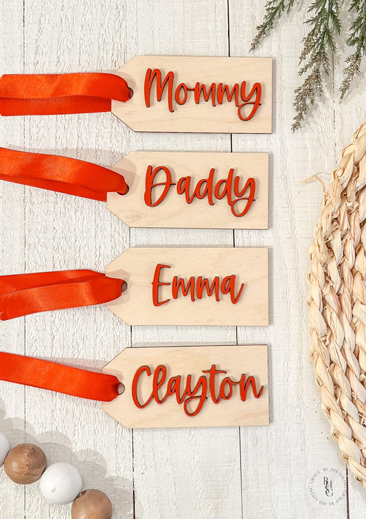 Personalized Wooden Stocking Tags or Gift Tags With Red 3D Name