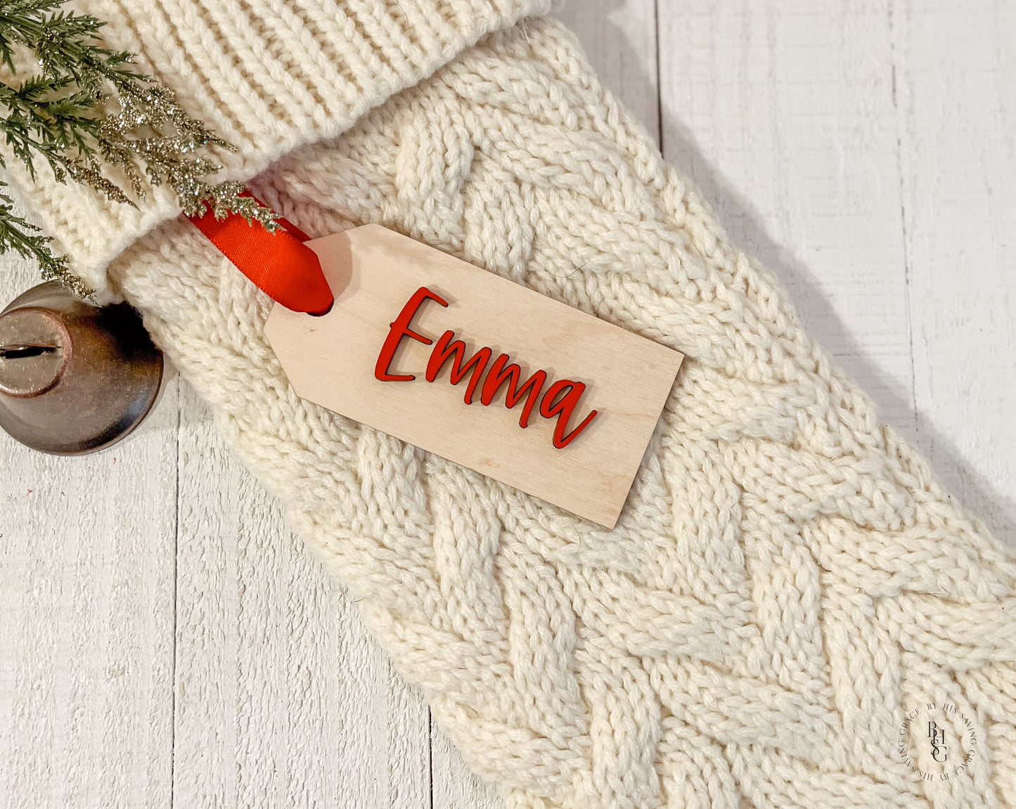 Personalized Wooden Stocking Tags or Gift Tags With Red 3D Name
